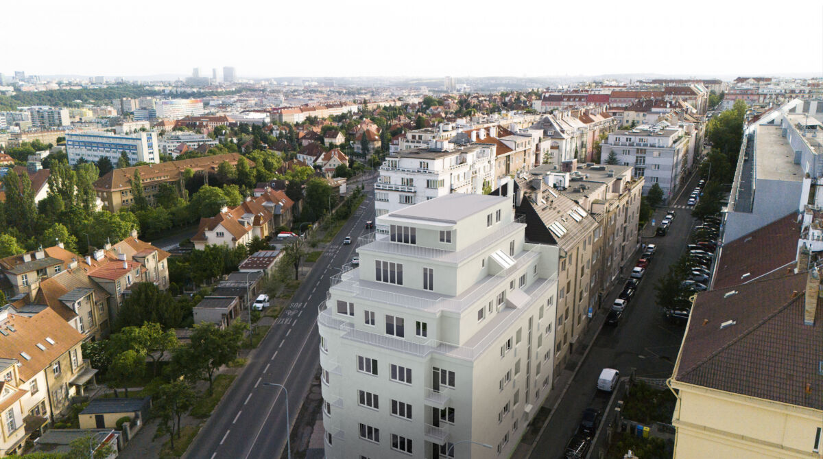 Vizualizace Apartmánů Soběslavská — nadhled na nástavbu a terasy