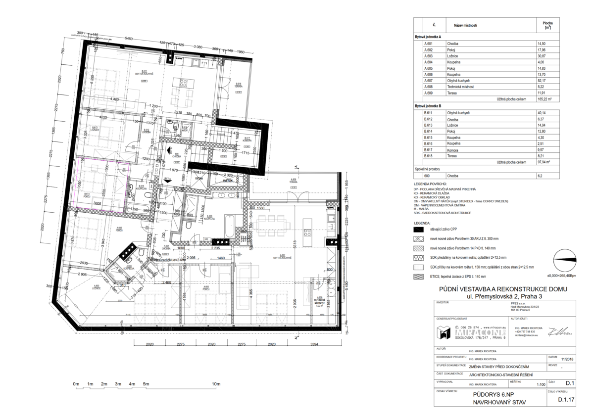 Půdorys apartmánů A a B v nepravidelném nárožním domě Přemyslovská